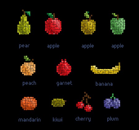 Vector pixel fruit collection on black backgroundのイラスト素材