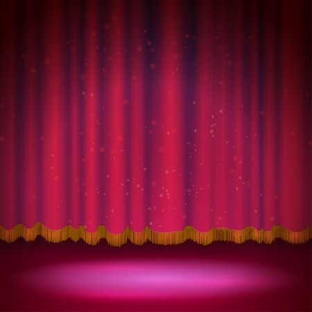 Spotlight on red stage curtain. Vector illustration.のイラスト素材