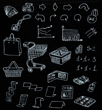 business market shopping doodles in chalkboard background, vectorのイラスト素材