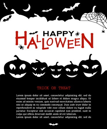Halloween design pumpkins and houses. Black and white horror background with holiday text. Vectorのイラスト素材