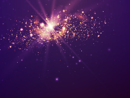 Violet Christmas background. Purple Festive Backdrop with Lights and Stars.