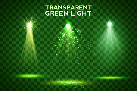 Transparent green lighy effects on a dark background. Spotlights, flare, explosion and stars. Vectorのイラスト素材