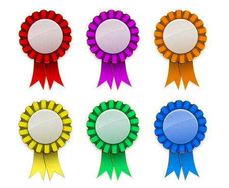 Ribbon Award badge Red Green Blue Yellow Magenta Orange on background, vectorのイラスト素材