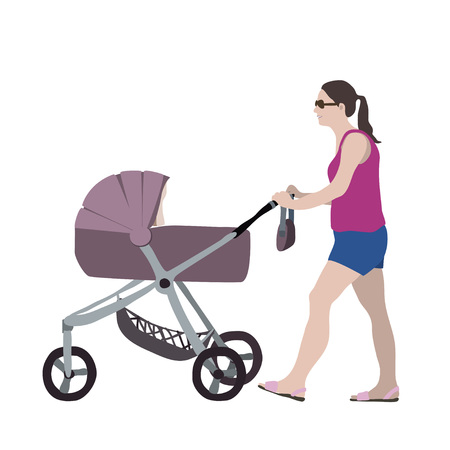 Usual women with baby carriage. Simple style illustration. Vectorのイラスト素材