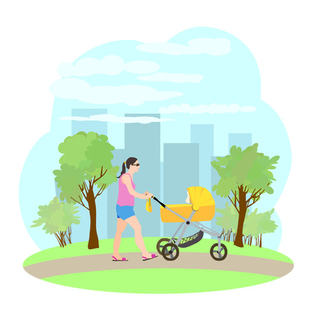 Woman walking with baby carriage on the urban background. Vectorのイラスト素材