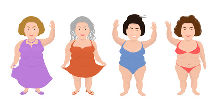 Set of beautiful smiling women with different dresses and hair. Vector.のイラスト素材