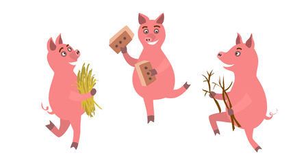 Three funny pigs with brick, straw and stiks.のイラスト素材