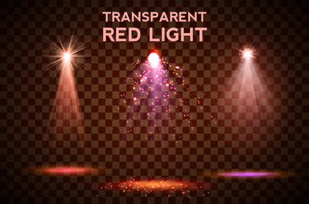 Transparent red lighy effects on a dark background. Spotlights, flare, explosion and stars. Vectorのイラスト素材