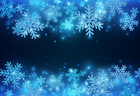 Blue New Year Banner With Sparkling Snowflakes. Christmas Beauty Background. Vector EPS 10のイラスト素材