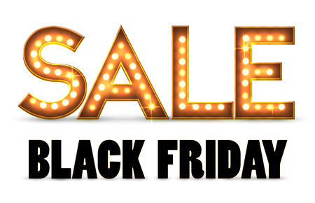 Black Friday Sale Banner with light bulb lamp letters Discount Background. Vector illustration.のイラスト素材
