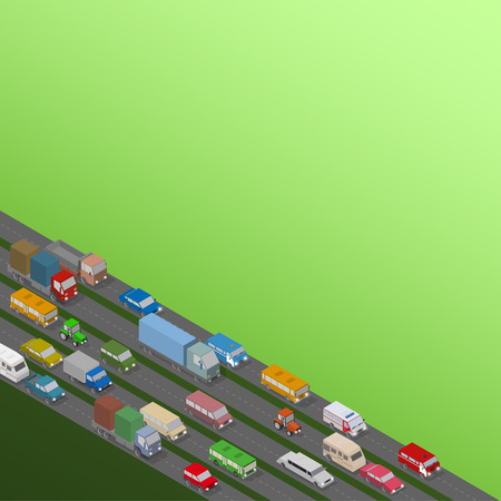 Traffic Jam. Isometric Cars and Houses for Illustration Of Busy Road. Vectorのイラスト素材
