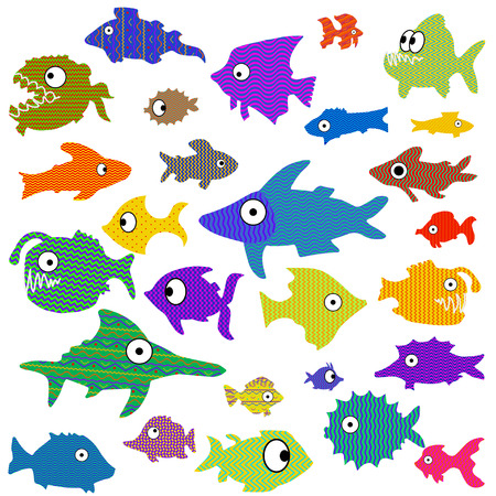Pattern with different color cartoon fishes on white background. Vector.のイラスト素材
