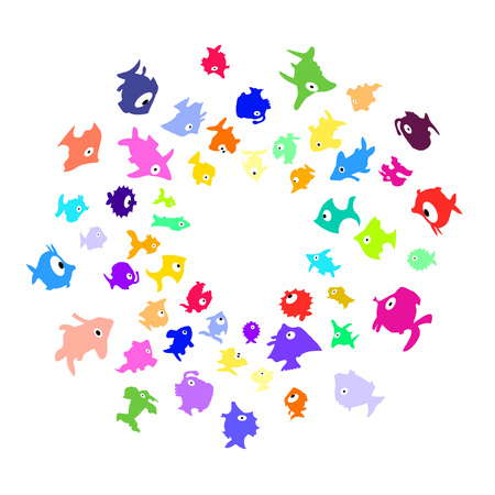 Pattern with circle of different color cartoon fishes on white background. Vector.のイラスト素材
