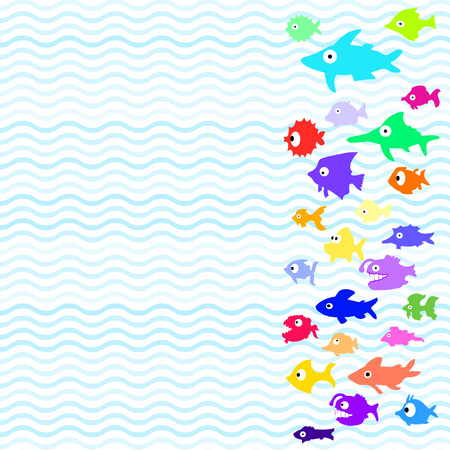 Pattern with different color cartoon fishes on white background. Vector.のイラスト素材