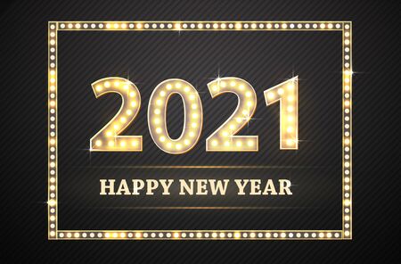 New Year golden numbers with lamp light. Retro design for poster or banner.のイラスト素材