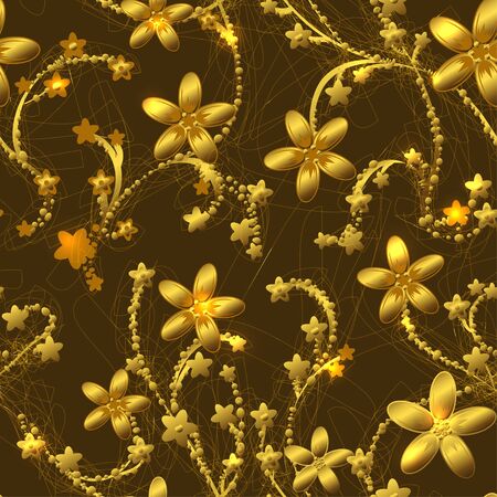 Gold flower on dark background - retro style chinese parttern seamless.のイラスト素材