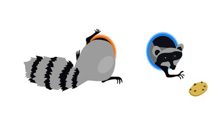 Illustration of a glutton raccoon who loves cookies very much and is ready to find it anywhere, even through the portal. Vector.のイラスト素材