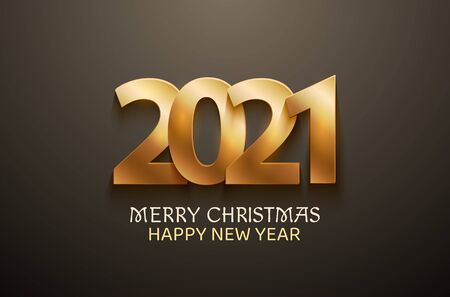 2021 numbers gold color on black background. Greetings Happy New Year and Merry Christmas. Vector.のイラスト素材