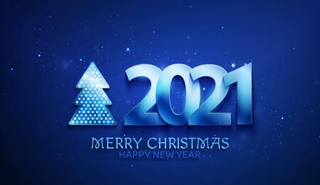 Greetings card blue color with christmas tree and 2021 numbers. Shine and light on the dark background. Vector.のイラスト素材