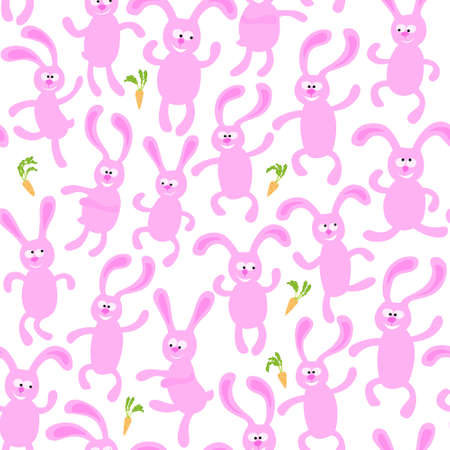 Seamless pattern with pink rabbit.Cute animals are dancing and smiling. Vector.のイラスト素材