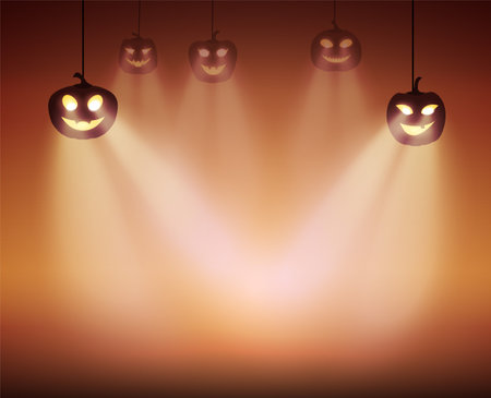 Halloween Design Pumpkins With Light From Eyes on City Background, vectorのイラスト素材