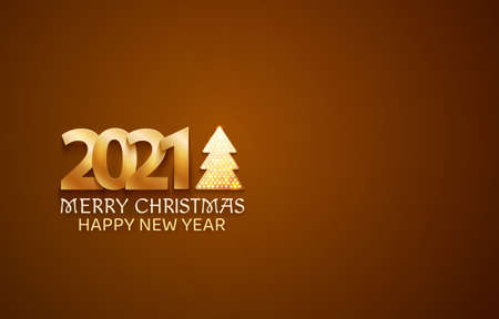 Greetings card warm color with christmas tree and 2021 numbers. Shine and light on the dark...