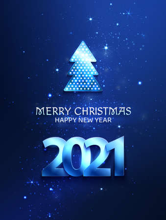 Greetings card blue color with christmas tree and 2021 numbers. Shine and light on the dark background.のイラスト素材