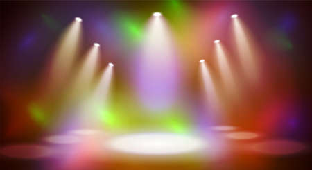 large scale Spotlights with smoke and scene. Different bright color background vector for your design.のイラスト素材