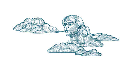 wind. The weather gods blow on the clouds and create wind whirlwinds. Vector.のイラスト素材