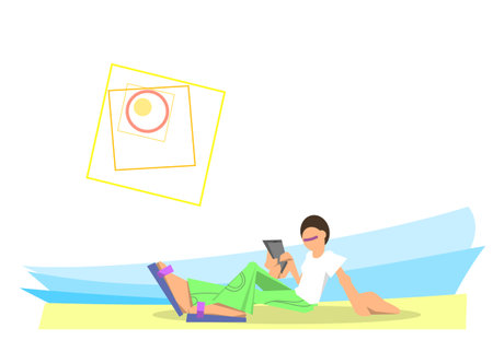 Trendy young man sitting with phone on the beach. Vector.のイラスト素材