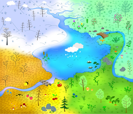 Posters for summer, spring, autumn and winter. Cute vector illustration of four seasons. Hand draw nature, trees, park, blossom, leaves.のイラスト素材