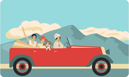 Three girls and dog travel in car. 1920s style illustration.のイラスト素材