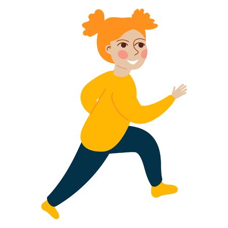 Little red-haired girl runs. Vector Concept illustration in flat cartoon style.のイラスト素材
