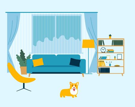 Modern interior Scandinavian hygge design. Sofa, armchair, indoor plants, wardrobe, shelves and books. In the room a happy Corgi dog. Vector Concept illustration in flat cartoon style.のイラスト素材
