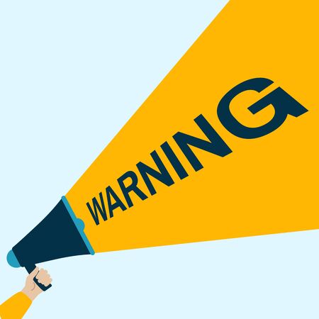 Male hand holding megaphone with Warning speech bubble. Social media marketing concept. Vector...