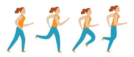 Fit girl walking, jogging, running, jumping. Set vector concept illustration in flat cartoon style.のイラスト素材