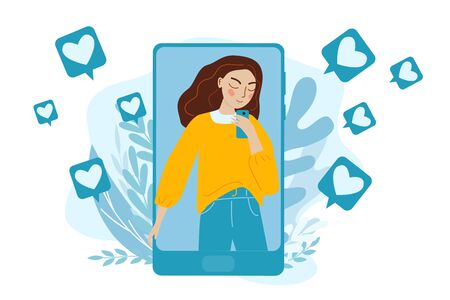 smartphone with man shouting in loud speaker. Influencer marketing, social media or network promotion, SMM banner, landing page,flyer. Vector Concept illustration in flat cartoon style.のイラスト素材