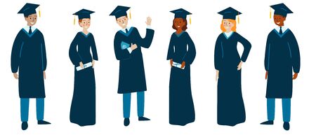 Set of various college or university graduates isolated on a white background. Different nationalities and clothing styles. Vector illustration in flat cartoon style.のイラスト素材