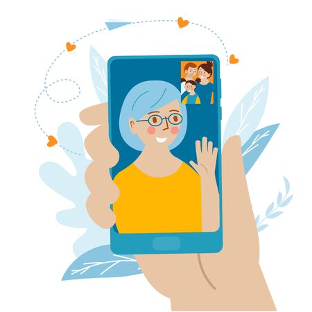 The family communicates via video call. Hand with a phone with a program interface and faces of an elderly woman and children and grandchildrenのイラスト素材