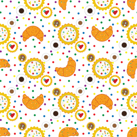 Seamless pattern with croissants, cupcakes, coffee cups and colorful dragees on a white backgroundのイラスト素材