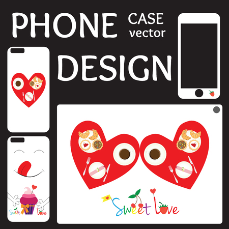 Mobile phone screen and cover back collection with flowers, kiss and heart on pink background. Set of Illustration and template for phone case.のイラスト素材