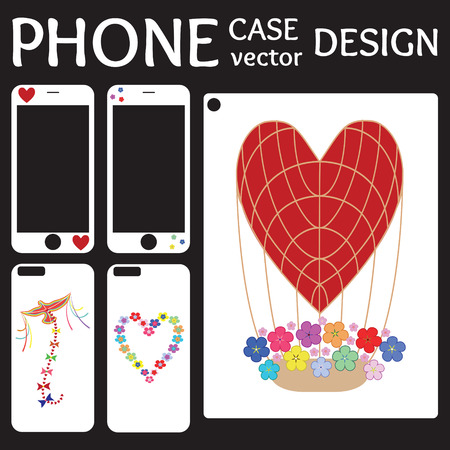 Mobile phone screen and cover back collection with flowers, kite, aerostat and heart on white background. Set of Illustration and template for phone case.のイラスト素材
