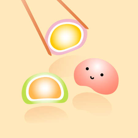 Mochi. Moti. Cute japanese rice cake. Traditional rice dessert with chopsticks.のイラスト素材