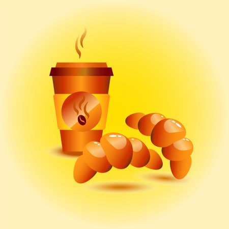Coffee with croissants on yellow background. Still life for cozy cafe.のイラスト素材