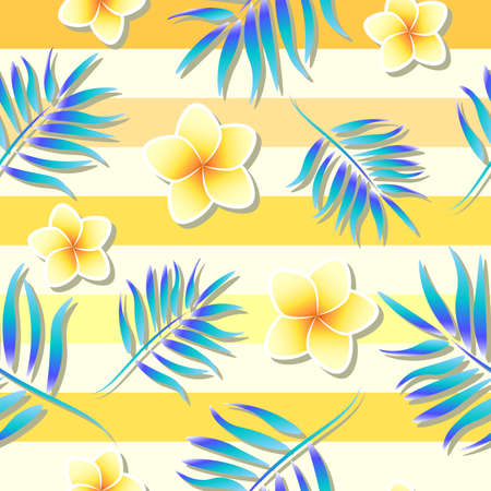 Striped yellow pattern with palm branches and plumeria. Summer print with frangipani and tropic leaves. Colorful floral ornament. Botanical blossom bright background.のイラスト素材