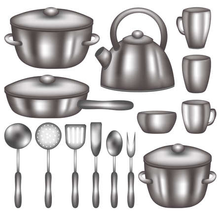 Kitchenware metal utensils collection isolated on white background. Realistic still life dishware. Stainless steel cookery tools.のイラスト素材
