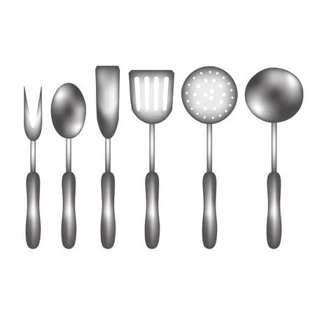 Metallic realistic kitchen utensils. Stainless steel silver cook tools isolated on white background.のイラスト素材
