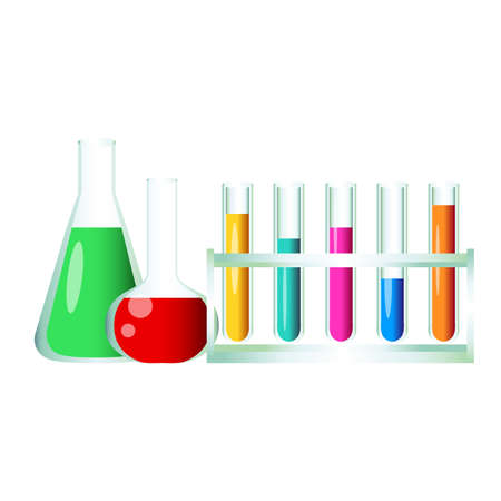Lab tubes and flasks with chemical multicolored liquids vector illustration isolated on white background.のイラスト素材
