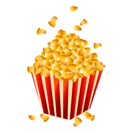 Large square carton box with red stripes and a lot of gold grains on the top. Takeout fastfood for tv movies fall in the air. Pop corn in take away rectangle packaging isolated on white background.のイラスト素材