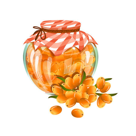 Transparent glass jar with sea buckthorn jam or sirup with bright reflections on surface. Handful of pulpy crude raw sour berries with green leaf vector illustration isolated on white background.のイラスト素材